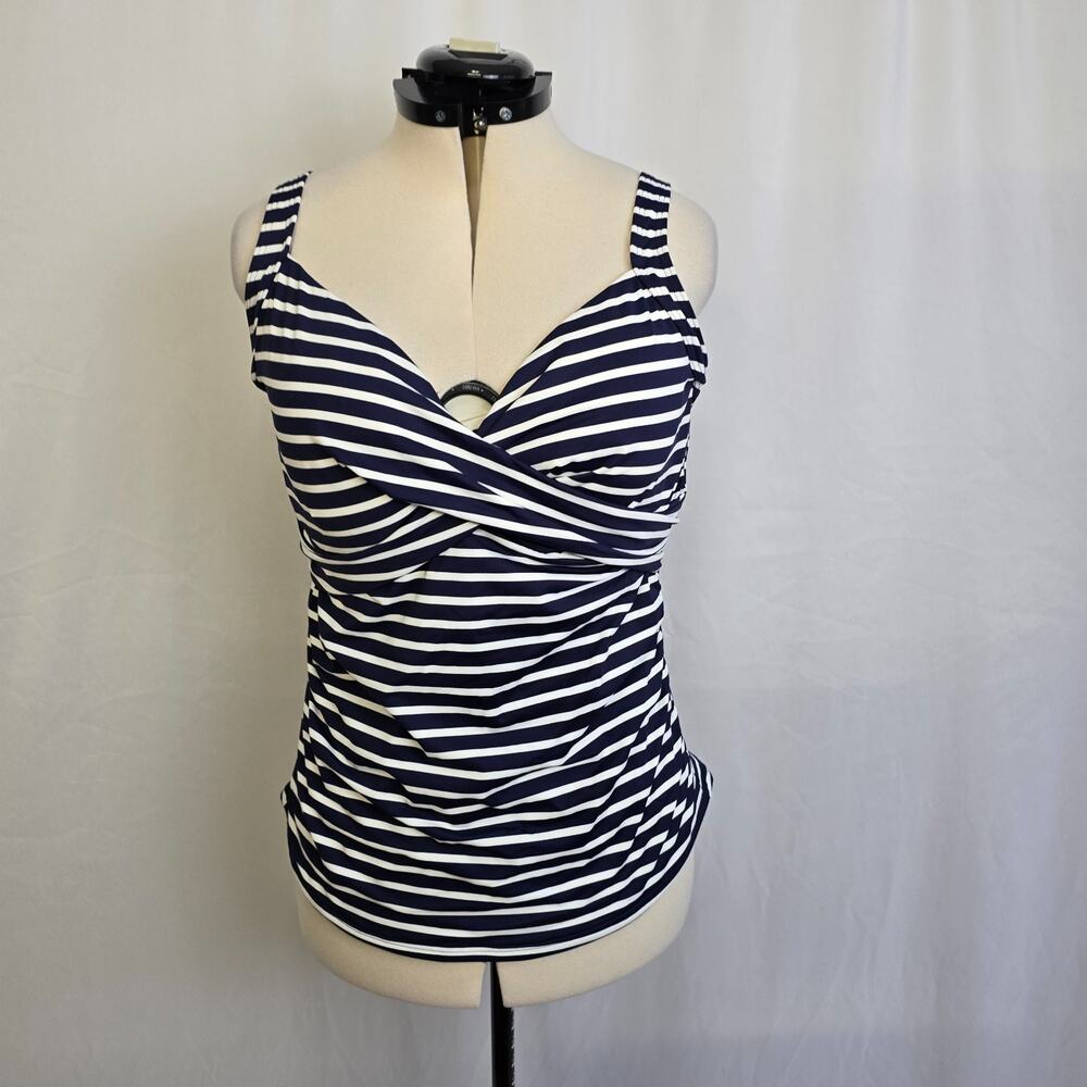 Lands' End Tankini Swim Top Women's 16DD Blue White Striped Crossover Stretch